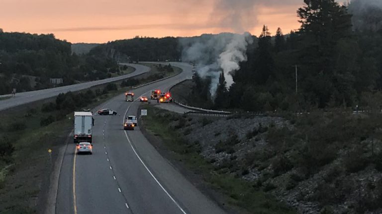 Highway 11 crash leads to fire in woods – Updated