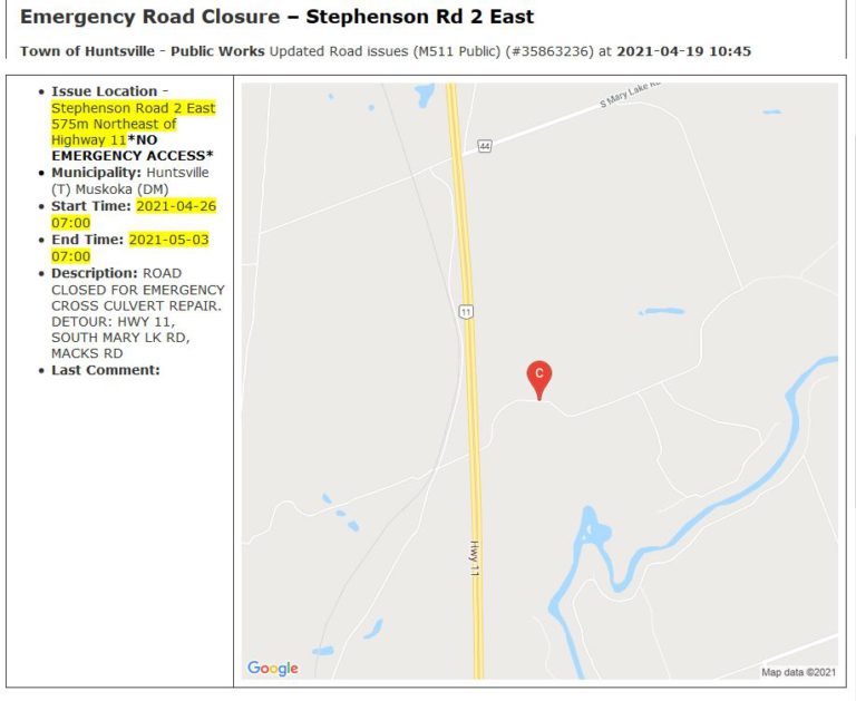 Stephenson Rd. 2 East to close April 26th-May 3rd